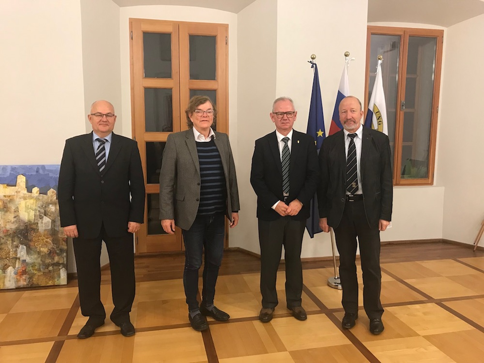 From left to right: Vice-rector for Research and Arts, Prof. Dr. Gvido Bratina, Minister for Economic Development of the Guernsey island, Deputy Charles Parkinson, Rector of the University of Nova Gorica, Prof. Dr. Danilo Zavrtanik and Vice-rector for Education, Prof. Dr. Mladen Franko.