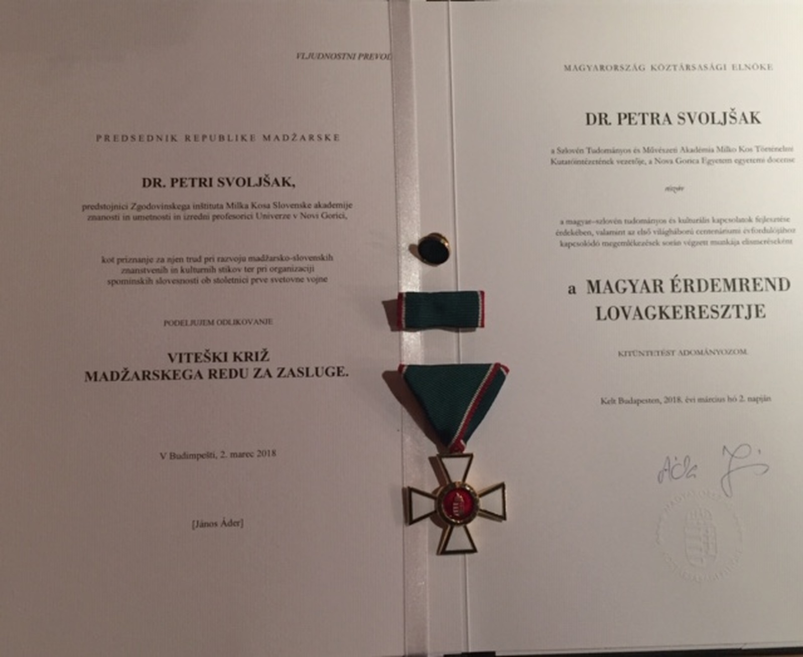 Prof. dr. Petra Svoljšak prejela viteški križ madžarskega reda za zasluge