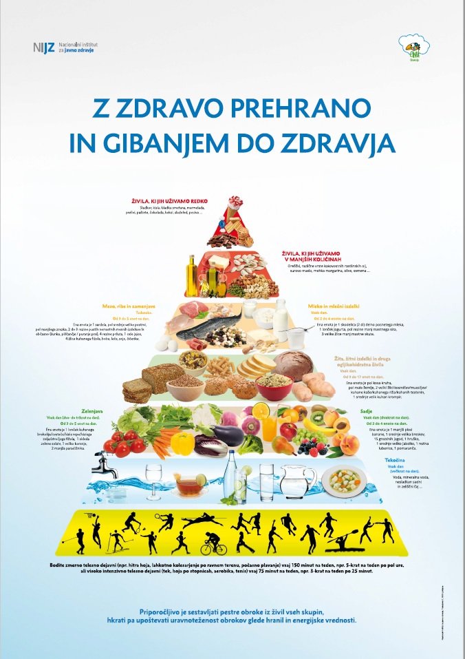 Z zdravo prehrano in gibanjem do zdravja - prikaz pomembnosti prehrane in gibanja v trikotnem formatu pomembnosti