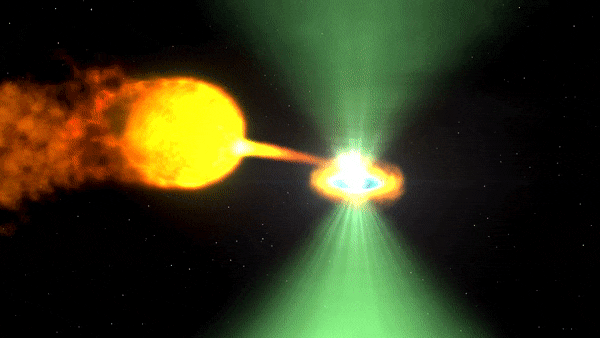Ilustracija modela pulzarja J1023. Astronomi zaznajo pulze v radijskem spektru (zelena), ko visoko-energijski izbruh pulzarja ustavi prenos plina iz spremljevalne zvezde. Včasih iz tega plina nastane svetel disk okoli pulzarja, ki lahko obstaja več let. Disk močno sveti v rentgenski svetlobi, plin, ki doseže nevtronsko zvezdo, pa ustvarja curke, ki oddajajo sevanje gama (vijolična), kar zakrije pulze, dokler se disk sčasoma ne razprši. Vir: Nasin center za vesoljske polete Goddard
